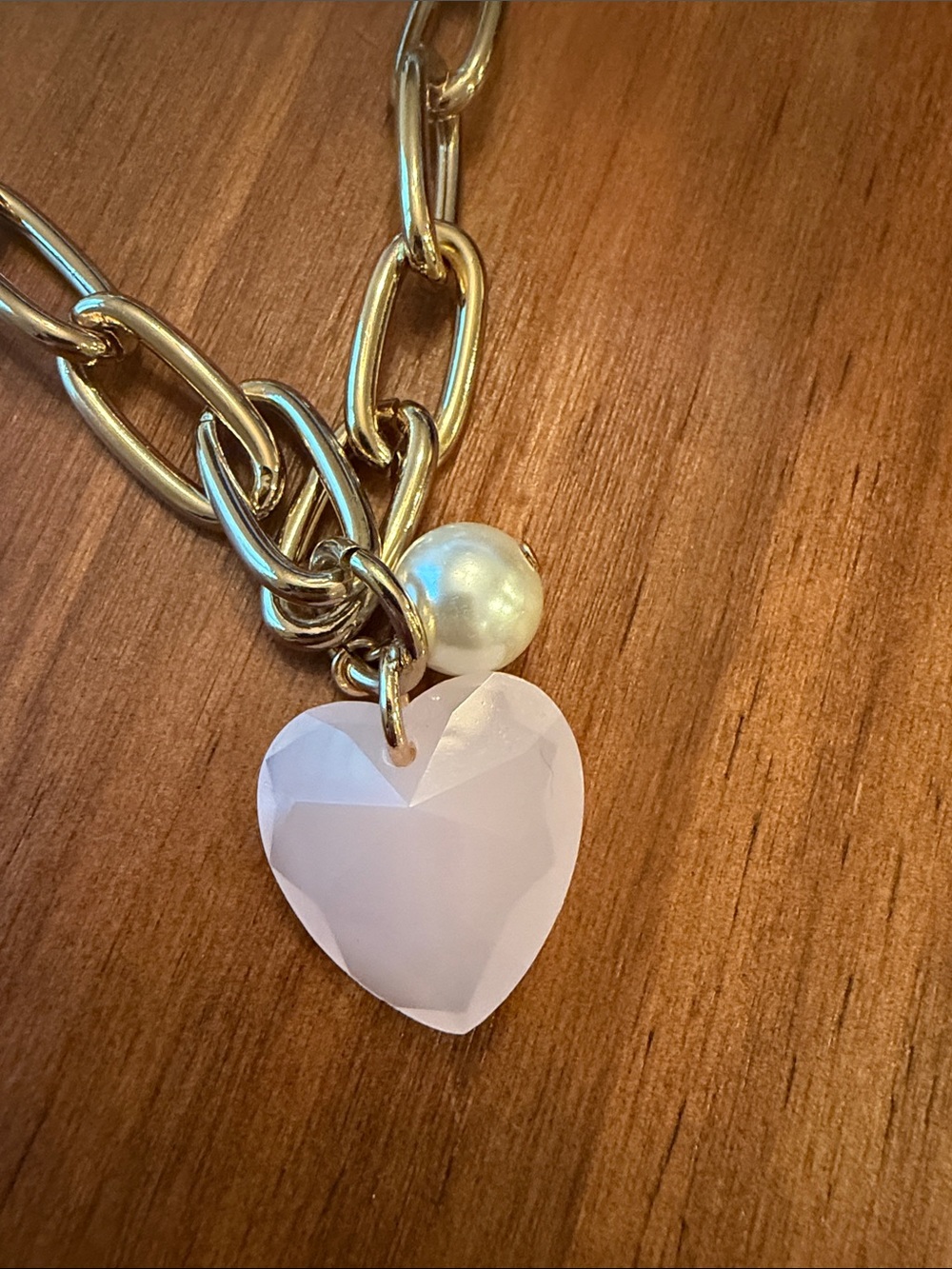 J. Crew Gold Link Necklace with Pink Heart Charm and Pearl - Picture 2 of 4